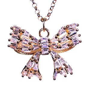 Swarovski Crystal Gold Overlay Bow Pendant Necklace Dainty Coquette Jewelry NEW